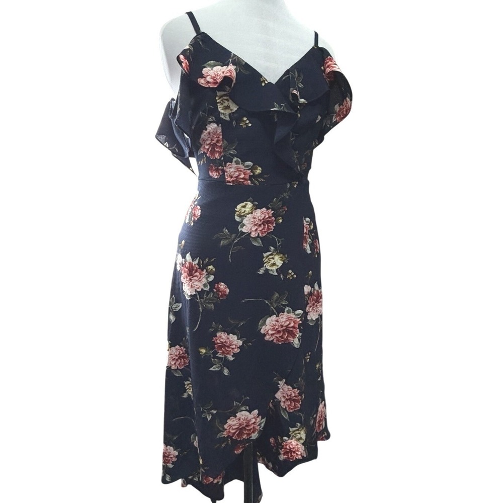 Navy Floral Ruffle Cold‎ Shoulder Hi/Low Midi Dress Women's Size 3 FemGem